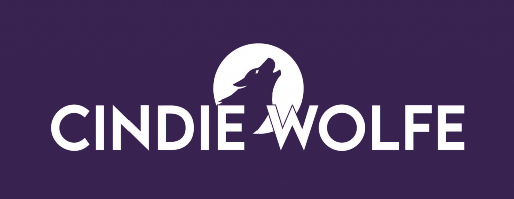 Logo reading Cindie Wolfe with a howling wolf silhouetted by the moon